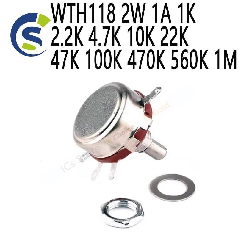 2pcs 470R Round Shaft Carbon Rotary Taper Potentiometer WTH118 2W 1A 1K 2.2K 4.7K 10K 22K 47K 100K 470K 560K 1M