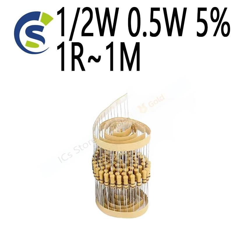100pcs Carbon Film Resistor 2.2R 10R 22R 47R 51R 100R 150R 470R 1K 4.7K 10K 47K 1 2.2 10 22 47 51 100 150 1/2w 0.5W 5% 1R~1M