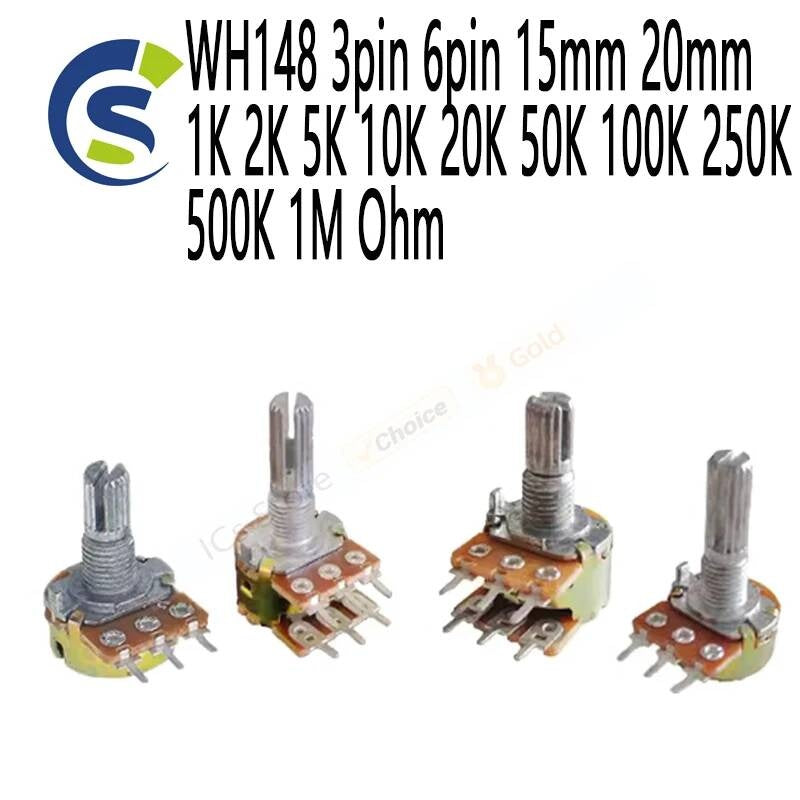 5pcs Linear Taper Rotary Potentiometer Resistor B50K B10K WH148 3pin 6pin 15mm 20mm 1K 2K 5K 10K 20K 50K 100K 250K 500K 1M Ohm
